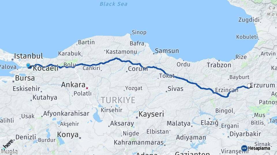 Kocaeli Gölcük Erzurum Arası Kaç Km - Yol Haritası