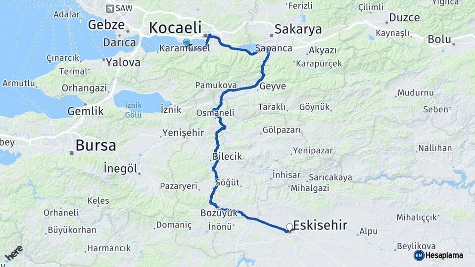 Kocaeli Gölcük Eskişehir Arası Kaç Km - Yol Haritası