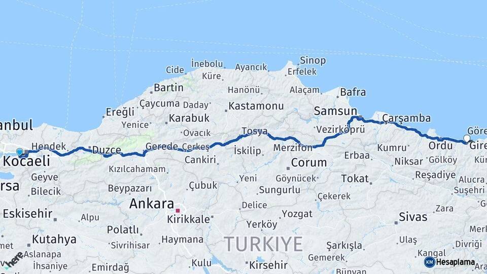 Kocaeli Gölcük Giresun Arası Kaç Km - Yol Haritası