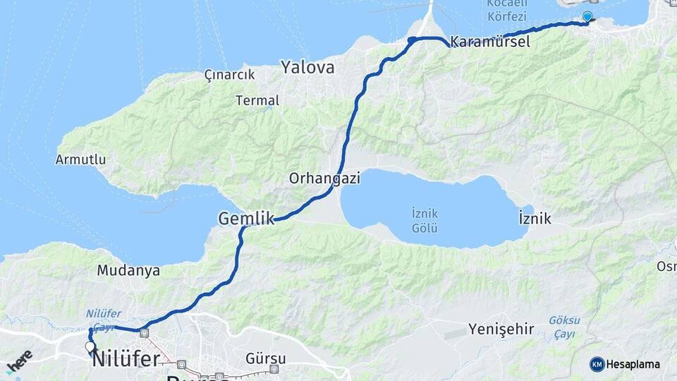 Kocaeli Gölcük Görükle Nilüfer Bursa Arası Kaç Km - Yol Haritası