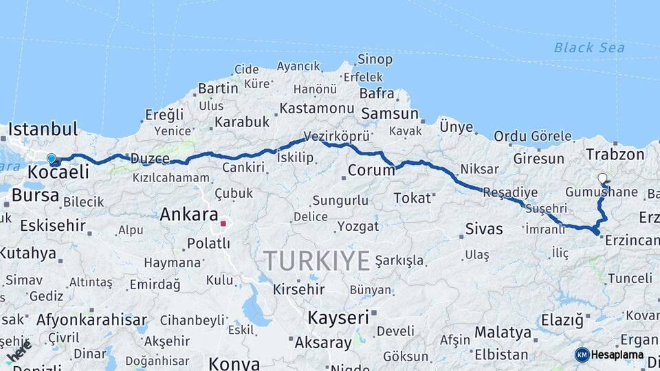 Kocaeli Gölcük Gümüşhane Arası Kaç Km - Yol Haritası