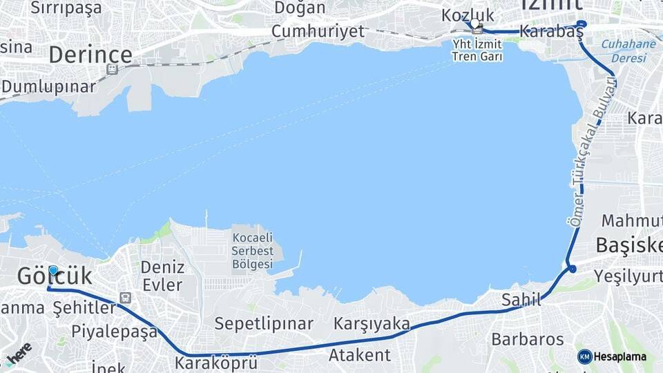 Kocaeli Gölcük İzmit YHT Garı Arası Kaç Km - Yol Haritası
