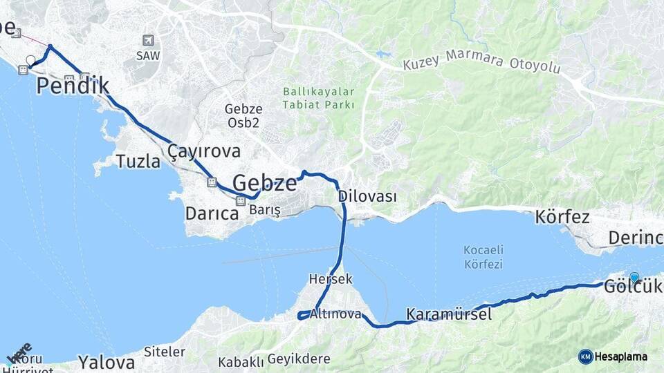 Kocaeli Gölcük Kartal İstanbul Arası Kaç Km - Yol Haritası