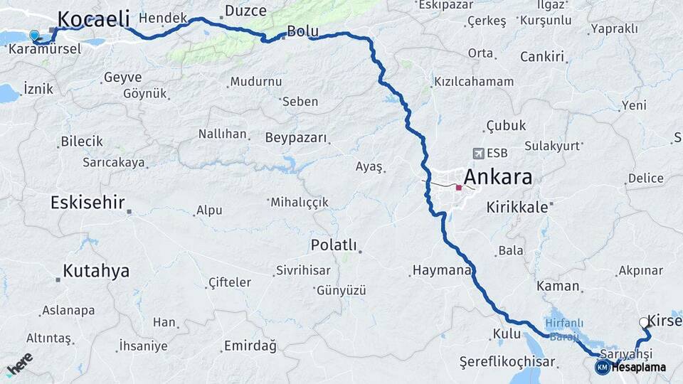 Kocaeli Gölcük Kırşehir Arası Kaç Km - Yol Haritası