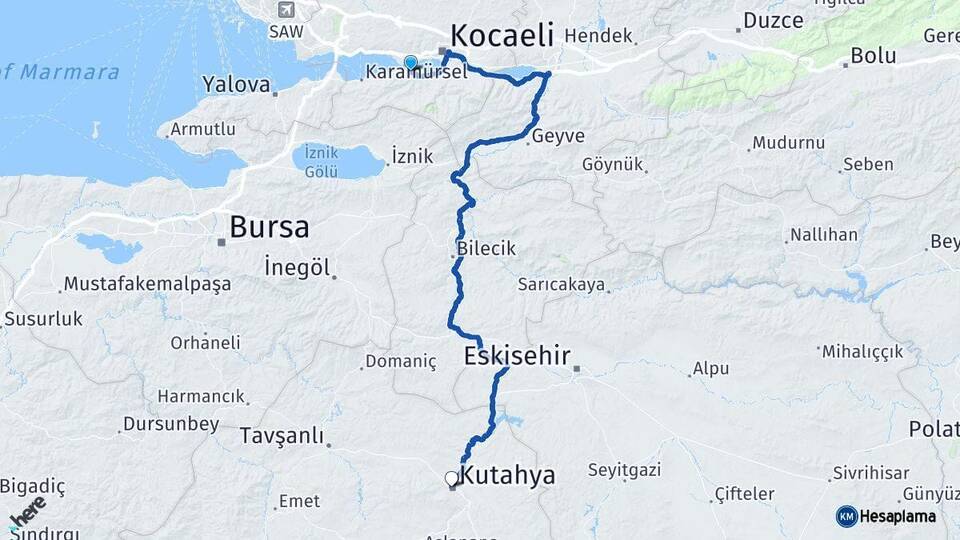 Kocaeli Gölcük Kütahya Arası Kaç Km - Yol Haritası