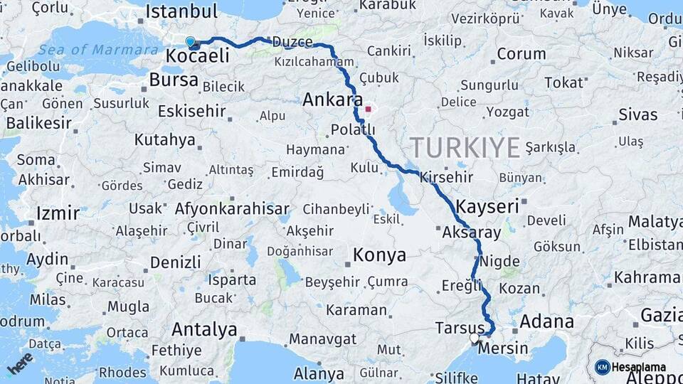 Kocaeli Gölcük Mersin Arası Kaç Km - Yol Haritası