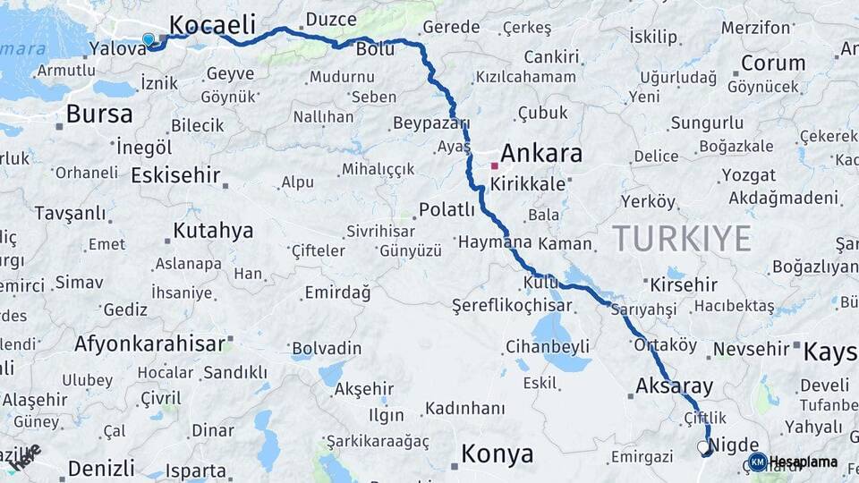 Kocaeli Gölcük Niğde Arası Kaç Km - Yol Haritası
