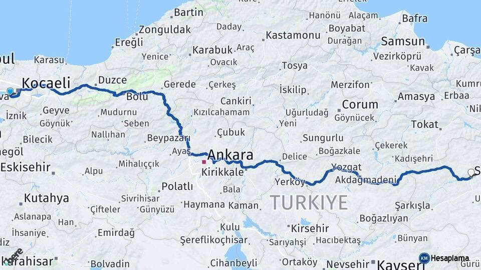 Kocaeli Gölcük Sivas Arası Kaç Km - Yol Haritası