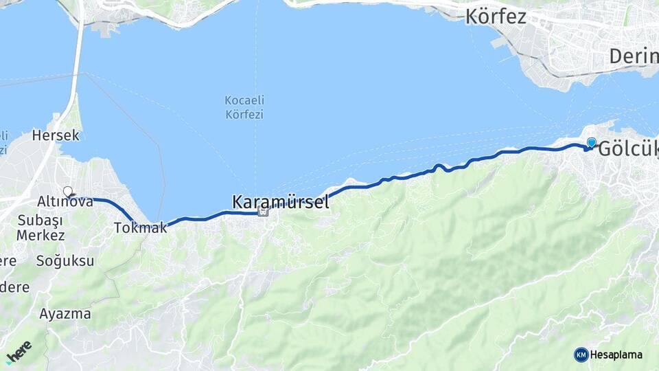 Kocaeli Gölcük Topçular Altınova Yalova Arası Kaç Km - Yol Haritası