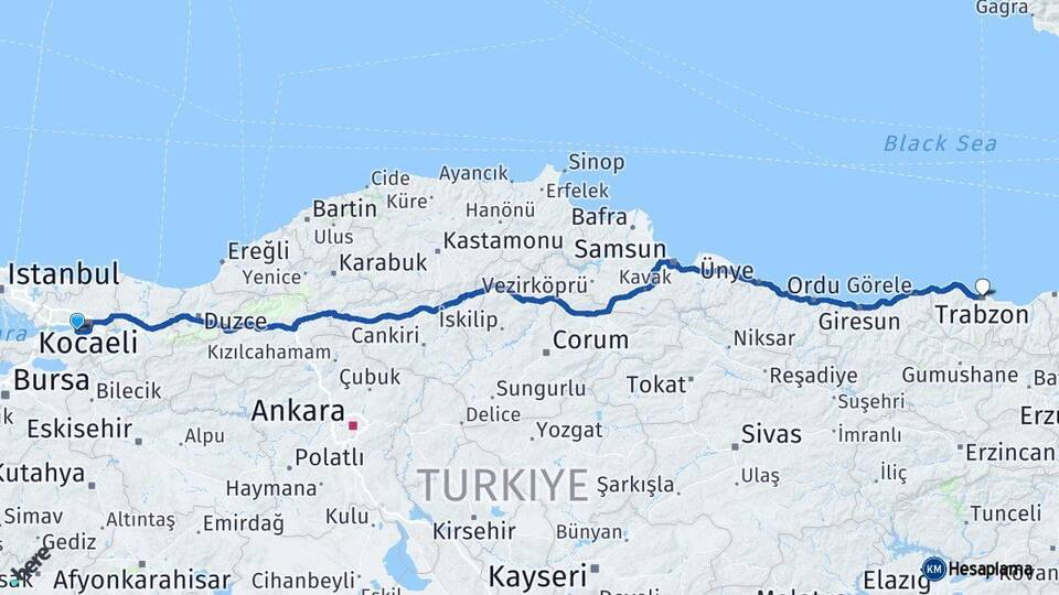 Kocaeli Gölcük Trabzon Arası Kaç Km - Yol Haritası
