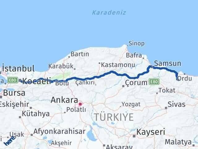 Kocaeli Gürgentepe Ordu Arası Kaç Km - Yol Haritası
