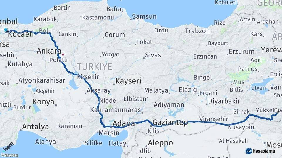 Kocaeli Hakkari Arası Kaç Km - Yol Haritası