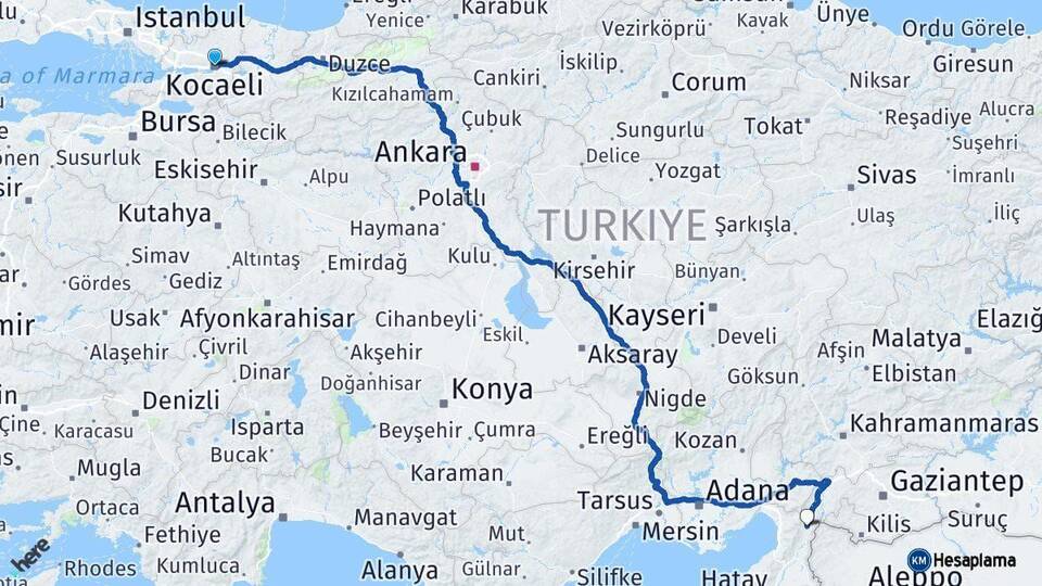 Kocaeli Hassa Hatay Arası Kaç Km - Yol Haritası