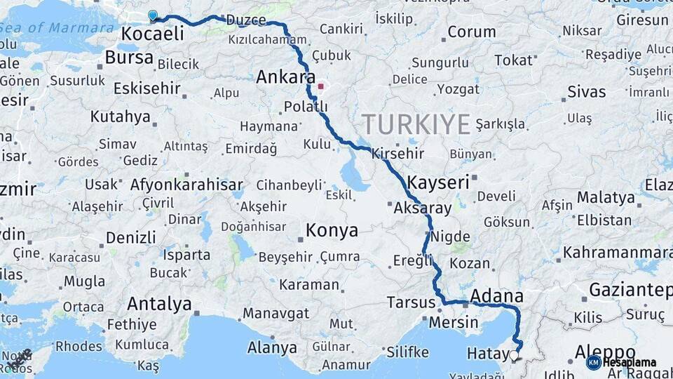 Kocaeli Hatay Arası Kaç Km - Yol Haritası