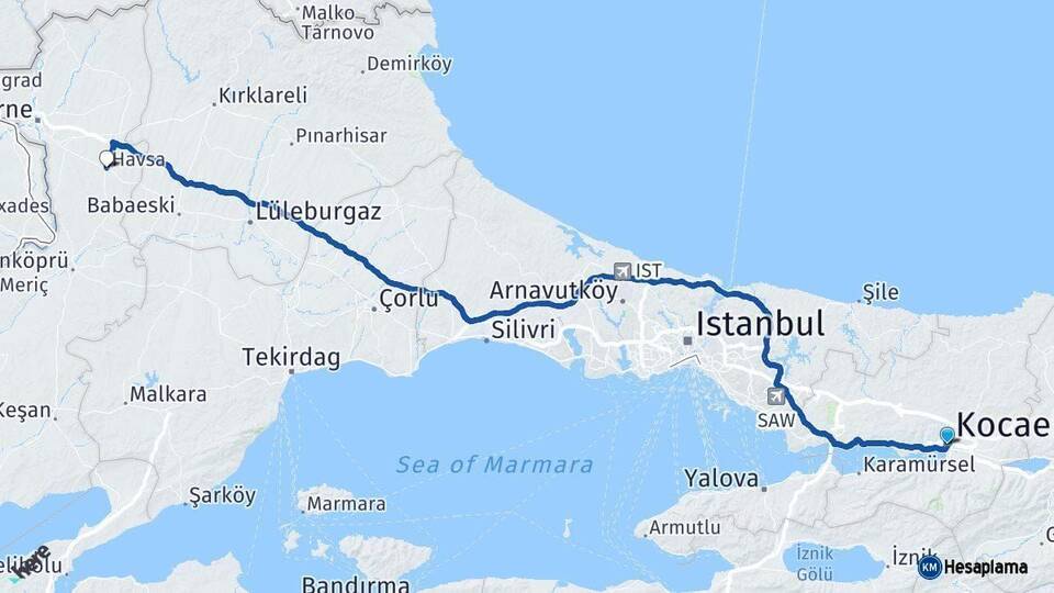 Kocaeli Havsa Edirne Arası Kaç Km - Yol Haritası