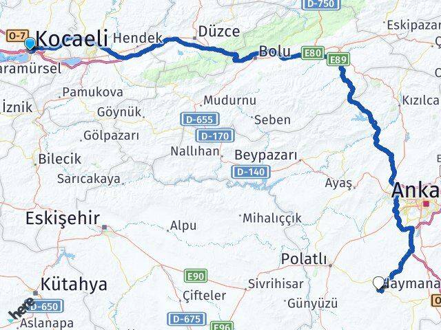 Kocaeli Haymana Ankara Arası Kaç Km - Yol Haritası