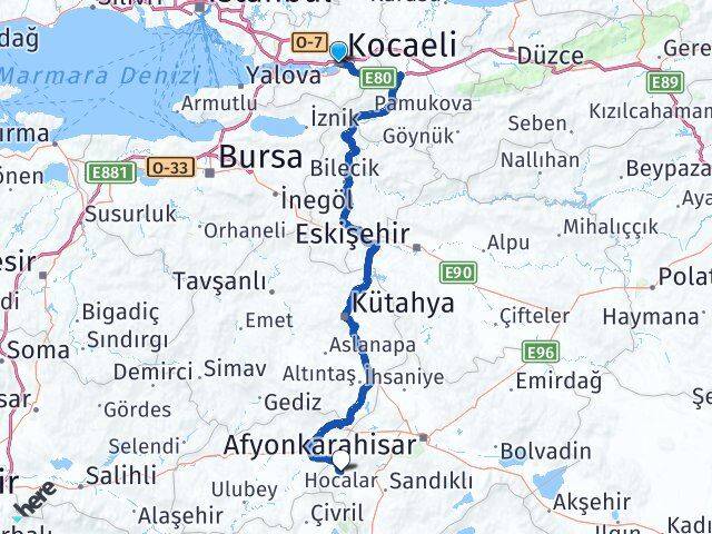 Kocaeli Hocalar Afyonkarahisar Arası Kaç Km - Yol Haritası