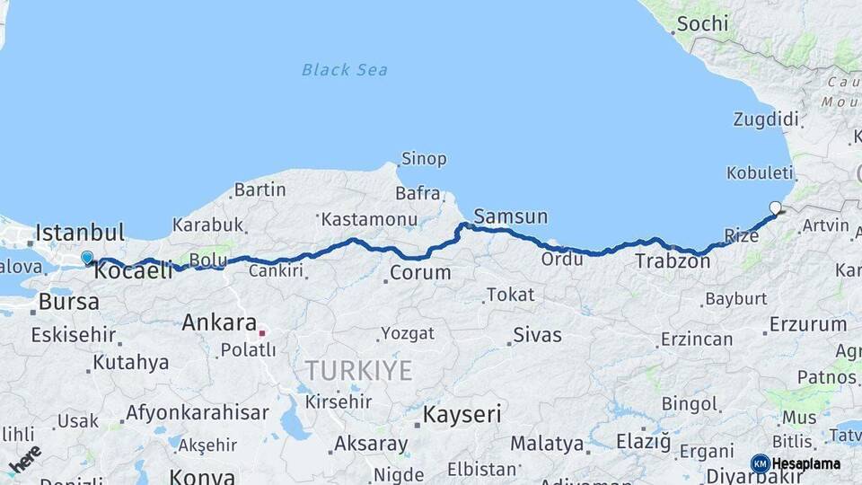 Kocaeli Hopa Artvin Arası Kaç Km - Yol Haritası