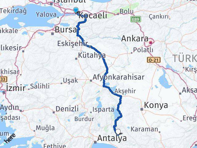 Kocaeli İbradı Antalya Arası Kaç Km - Yol Haritası