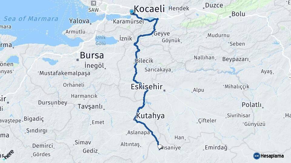 Kocaeli İhsaniye Afyonkarahisar Arası Kaç Km - Yol Haritası