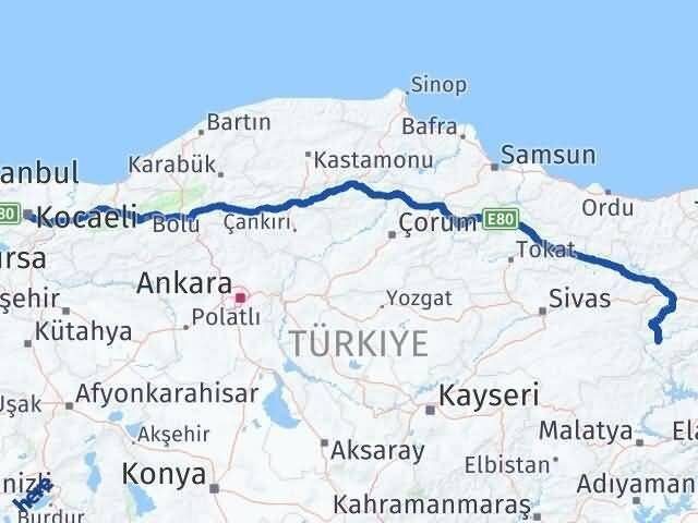 Kocaeli İliç Erzincan Arası Kaç Km - Yol Haritası