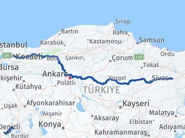 Kocaeli İmranlı Sivas Arası Kaç Km - Yol Haritası