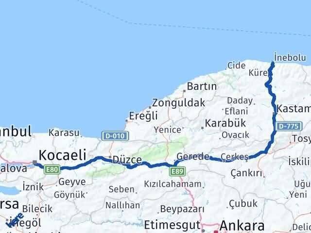 Kocaeli İnebolu Kastamonu Arası Kaç Km - Yol Haritası