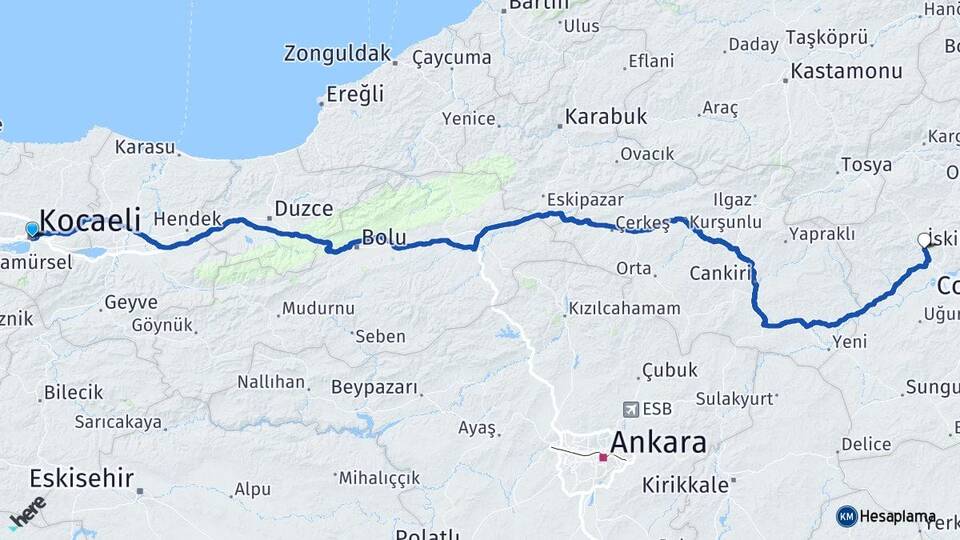 Kocaeli İskilip Çorum Arası Kaç Km - Yol Haritası