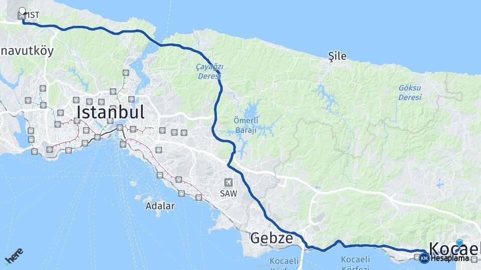 Kocaeli İstanbul Havalimanı Arası Kaç Km - Yol Haritası