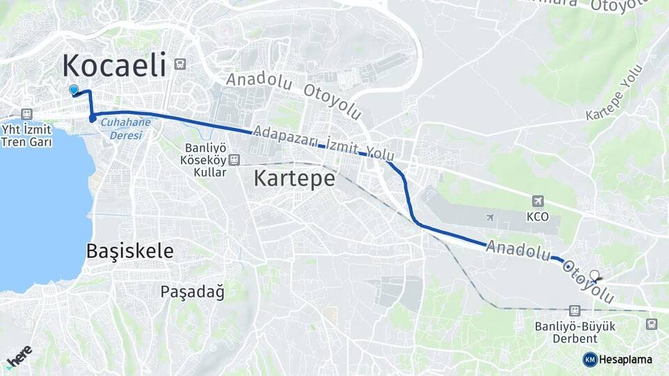 Kocaeli İzmit Acısu Kartepe Arası Kaç Km - Yol Haritası