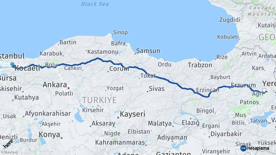 Kocaeli İzmit Ağrı Arası Kaç Km - Yol Haritası