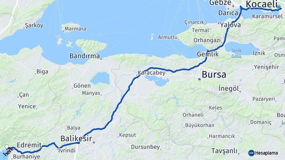 Kocaeli İzmit Akçay Edremit Balıkesir Arası Kaç Km - Yol Haritası