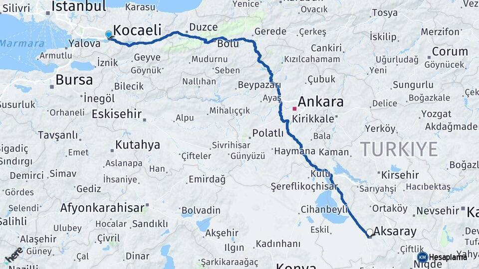 Kocaeli İzmit Aksaray Arası Kaç Km - Yol Haritası