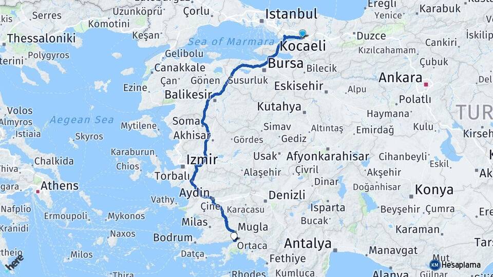 Kocaeli İzmit Akyaka Ula Muğla Arası Kaç Km - Yol Haritası