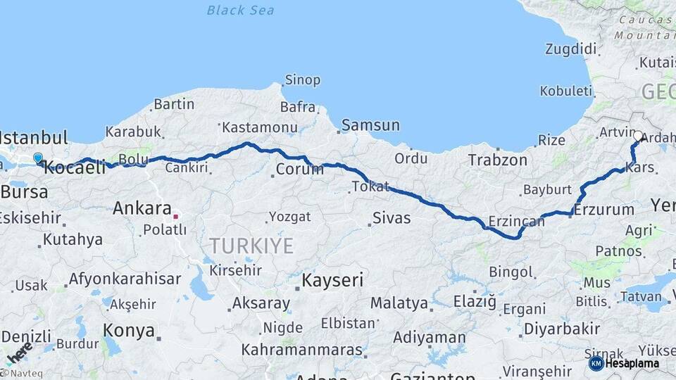 Kocaeli İzmit Ardahan Arası Kaç Km - Yol Haritası