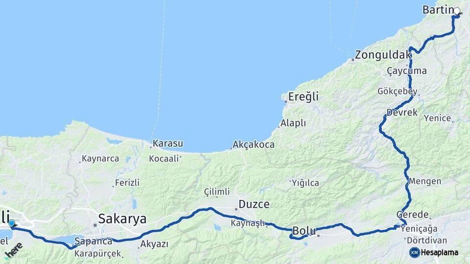 Kocaeli İzmit Bartın Arası Kaç Km - Yol Haritası