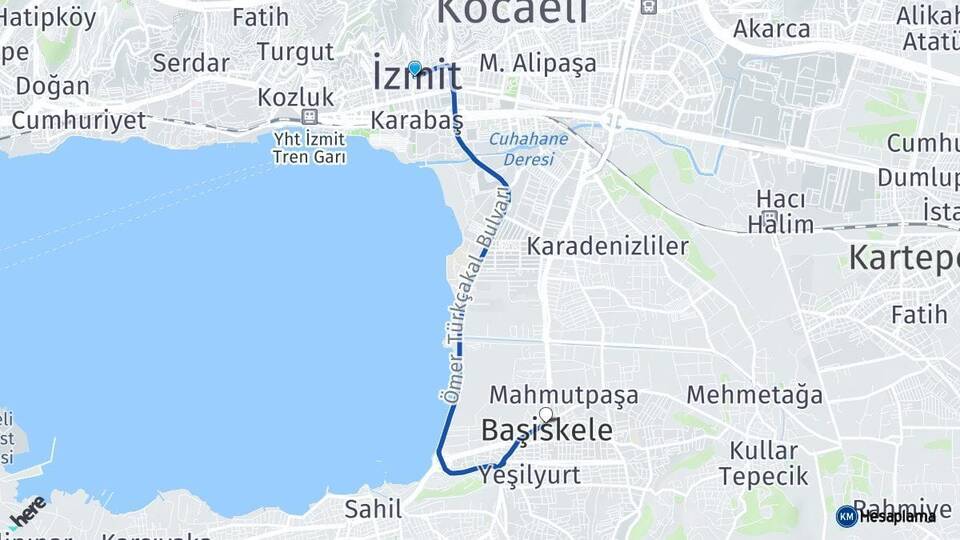 Kocaeli İzmit Başiskele Arası Kaç Km - Yol Haritası