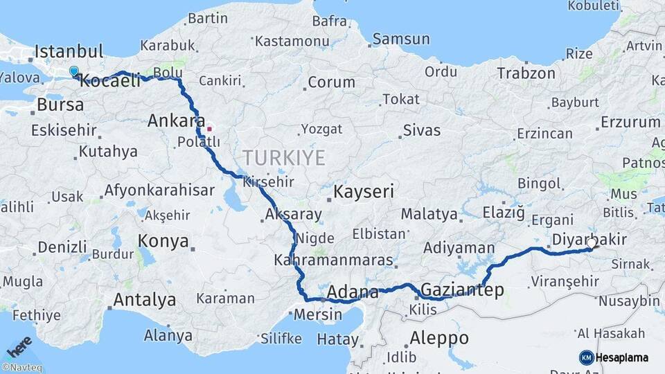 Kocaeli İzmit Batman Arası Kaç Km - Yol Haritası