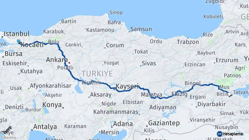 Kocaeli İzmit Bitlis Arası Kaç Km - Yol Haritası