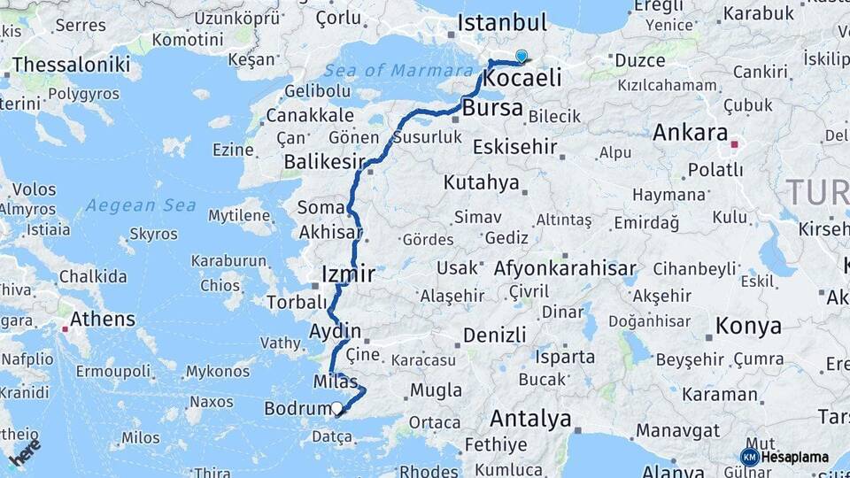 Kocaeli İzmit Bodrum Muğla Arası Kaç Km - Yol Haritası
