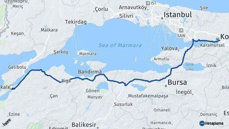 Kocaeli İzmit Çanakkale Arası Kaç Km - Yol Haritası