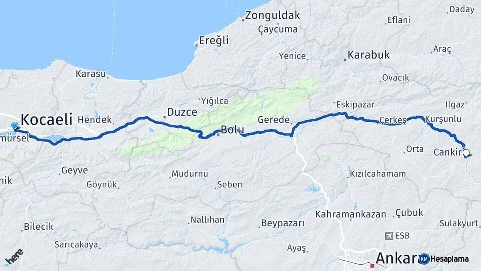 Kocaeli İzmit Çankırı Arası Kaç Km - Yol Haritası