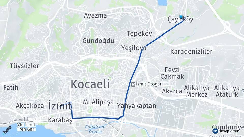 Kocaeli İzmit Çayırköy İzmit Arası Kaç Km - Yol Haritası