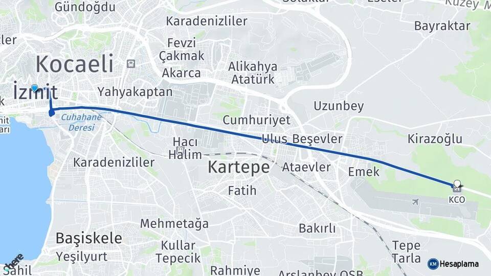 Kocaeli İzmit Cengiz Topel Havalimanı Arası Kaç Km - Yol Haritası