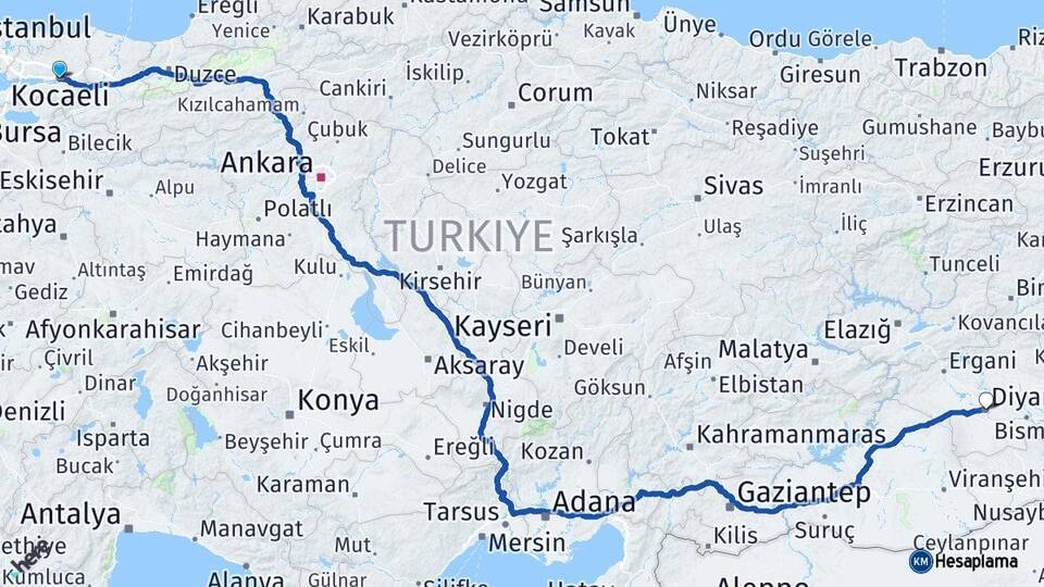 Kocaeli İzmit Diyarbakır Arası Kaç Km - Yol Haritası