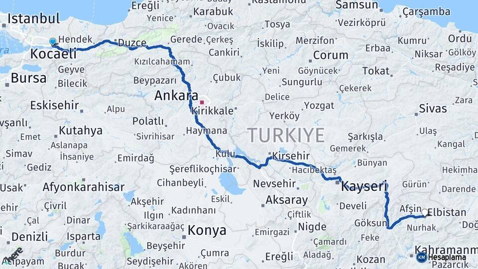 Kocaeli İzmit Elbistan Kahramanmaraş Arası Kaç Km - Yol Haritası