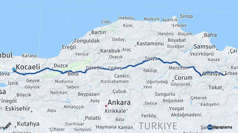 Kocaeli İzmit Erbaa Tokat Arası Kaç Km - Yol Haritası