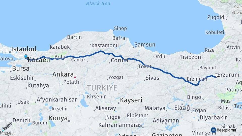 Kocaeli İzmit Erzurum Arası Kaç Km - Yol Haritası