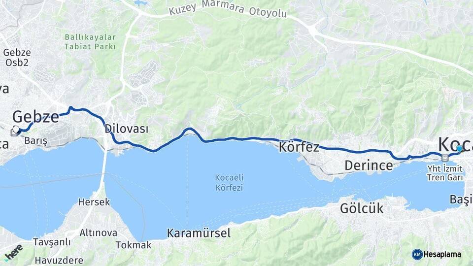 Kocaeli İzmit Gebze YHT Garı Arası Kaç Km - Yol Haritası