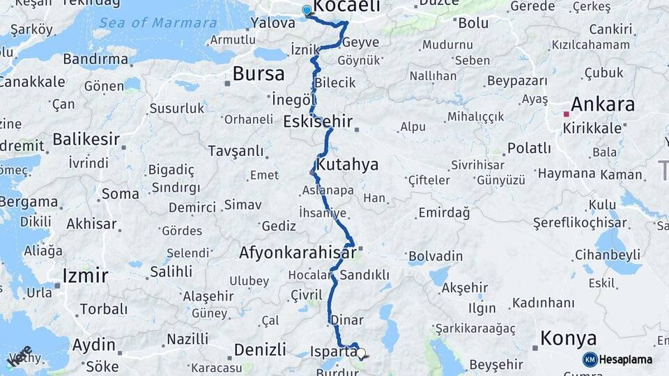 Kocaeli İzmit Isparta Arası Kaç Km - Yol Haritası